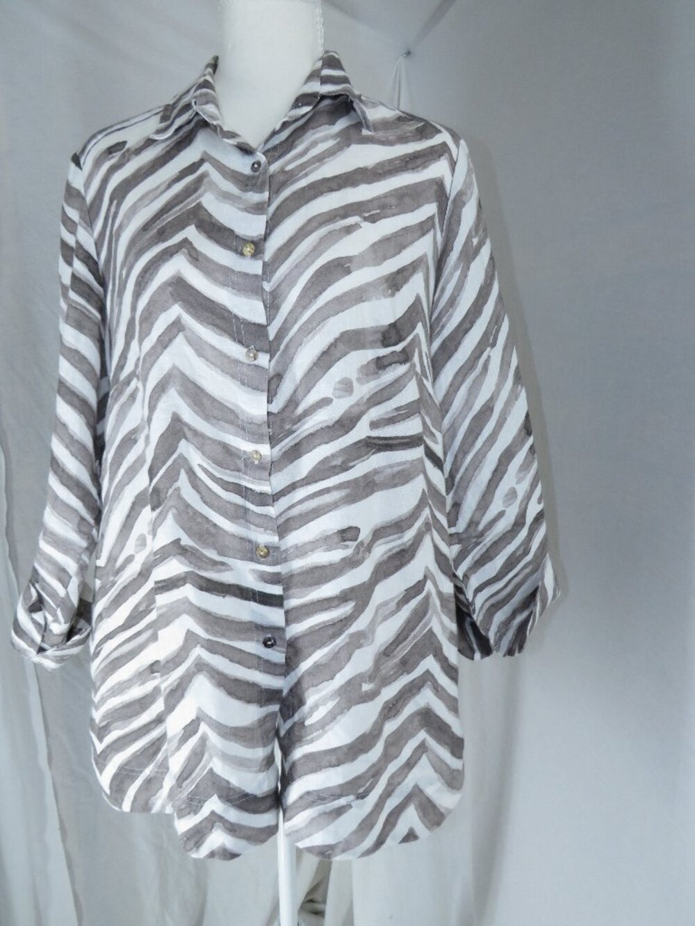 iLinen 100% Linen Chevron Stripe Button‑Up Shirt Lightweight Coastal Boho large